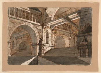 Tegning, scenografi, underjordiske trapper og gallerier i et befæstet palads, ca. 1800