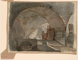 Tegning, scenografi, underjordisk hvælvet rum med grave, begyndelsen af det 19. århundrede