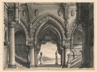 Tegning, scenografi, udsigt fra palads i Venedig, 1832