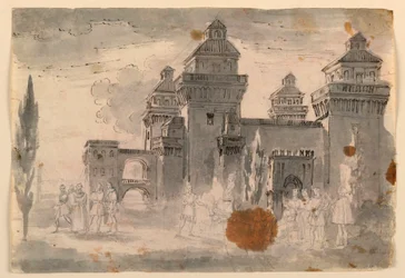 Tegning, scenografi, udsigt over slottet, 1810-1820