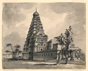 Tegning, scenografi, udsigt over indisk tempel, begyndelsen af det 19. århundrede