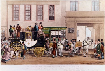 A Diligence foran Star Hotel"" i Oxford i 1831"" Indgravering af det 19. århundrede.