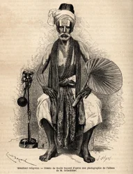 En hinduistisk religiøs tigger. Gravering til illustration af rejsen i Indiens meridionalprovinser, af Alfred Grandidier, i 1862-1864, udgivet i "" Le tour du monde""" 1869, redigeret af Edouard Charton, udgave Hachette, Paris. Selva samling.