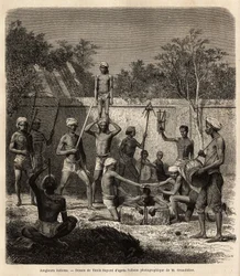 Et band af indiske jonglører. Gravering til illustration af rejsen i Indiens meridionalprovinser, af Alfred Grandidier, i 1862-1864, udgivet i "" le tour du monde"", under ledelse af D
