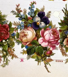 En buket blandet med roser, violer. 1800-tallets kromolitografi.