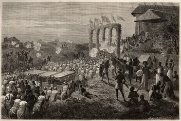 En brudekortege i Tete (Mozambique). Indgravering til illustration af Dr. Livingstones første rejser til det sydlige Afrika fra 1840 til 1856, i "Le tour du monde, nouveau journal des voyages"" udgivet under ledelse af Edouard Charton