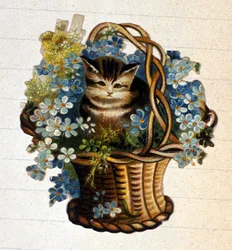 En kat i en kurv med blomster. 1800-tallets kromolitografi.
