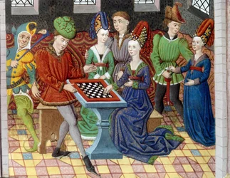 Et spil skak mellem to hofmænd i et slots værelse. Miniature taget fra "" Alexander den Stores historie"" (eller Alexander III af Makedonien (356-323 f.Kr.))