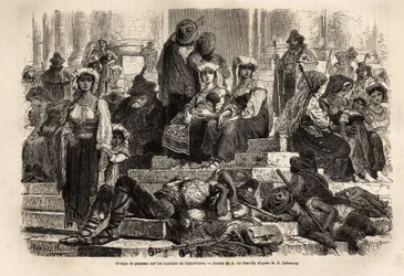 En gruppe bønder og hyrder samles til fejringen af den hellige uge på Sankt Peters trappe i Vatikanet. Gravering for at illustrere historien om den hellige uge i Rom, i 1863, af Ludovic Celler, i "Le tour du monde, nouveau journal des voyages""