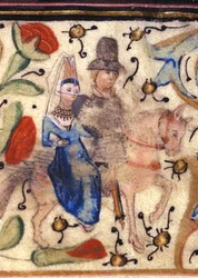 En ridder og hans dame: Fransk belysning af det 14. århundrede fra et manuskript af Petrarch (Francesco Petrarca). Biblioteca comunale di Rimini.