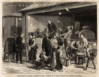 En livlig scene i en gade i Edo (Tokyo), med en rejsende jonglør foran en fiskedeli og en billig kludsælger. Gravering til illustration af rejsen til Japan af Aime Humbert, minister for Det Schweiziske Forbund, i 1863-1864, udgivet i "" le to