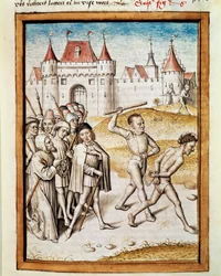 En mand føres til miniaturepine fra en tysk oversættelse af Bidpais fabler "Kalila (Calila) og Dimna". (ms. 1389, fol. 16) omkring 1480 Chantilly, musee Conde