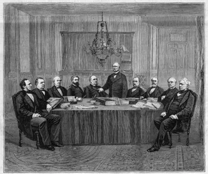 Et møde i Ministerrådet i Versailles. Fra venstre mod højre: Louis Buffet (1818-1898), indenrigsminister; Leon Say (1826-1896), finansminister; Henri Wallon (1812-1904), minister for offentlig undervisning, gudstjeneste og kunst; Alfred