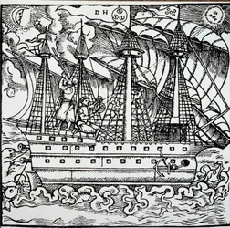 En navigator på en portugisisk karavel ved hjælp af en astrolabium. Gravering fra den tyske navigatør Hans Stadens rejsehistorier (1525-1579)