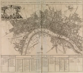 En plan over byen London, Westminster, bydelen Southwark og floden Themsen