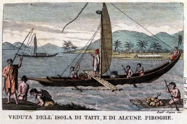 En polynesisk swingkano på Tahiti. Ombord et læs kokosnød og brødtræfrugter. Litografi af det 19. århundrede