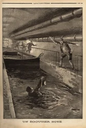 En segutter fra Paris druknes ved at rense en fanagtig afledning. Indgravering i "" Le petit journal"" 15/9/1899. Selva samling.