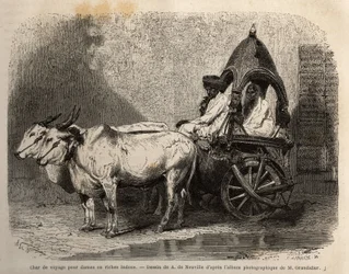 En rejsetank fyret af to hvide okser, for damer eller hinduer velhavende. Gravering til illustration af rejsen i Indiens meridionale provinser, af Alfred Grandidier, i 1862-1864, udgivet i "" le tour du monde" under ledelse af D