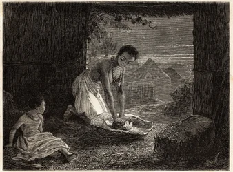 En kvinde maler korn i en brænder, møllen består af en stationær blok af granit i form af et trug og et stykke kvarts konveks. Indgravering til illustration af Dr. Livingstones første rejser til det sydlige Afrika fra 1840 til 1856, i "Le tour du monde