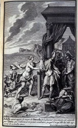 Achilles, der har hørt om Patrokles død og græder ham bittert, bliver trøstet af Thetis, som formanede ham til ikke at kæmpe, indtil hun bragte ham nye våben." Illustration af bog XVIII af Iliaden af Homere, fransk udgave