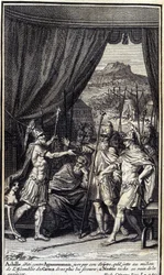 Achilleus, irriteret mod Agamemnon, sværger ved sit scepter, at han kaster midt i grækernes forsamling for ikke at hjælpe dem; og Nestor pletter forgæves for at formilde dem. Illustration af bog I af Iliaden af Homere, fransk udgave