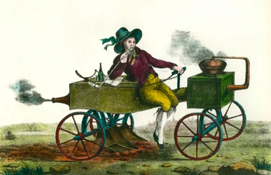 Landbrug: pløjescene med dampmaskine i 1834. Anonym stik fra 1834. Privat samling