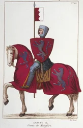 Amaury VI, greve af Montfort (v.1192-v. 1241), mistede en del af erobringerne af sin far Simon IV Fortet og afstår sine rettigheder mod syd til kongen af Frankrig, Ludvig VIII. Stik fra 1830.