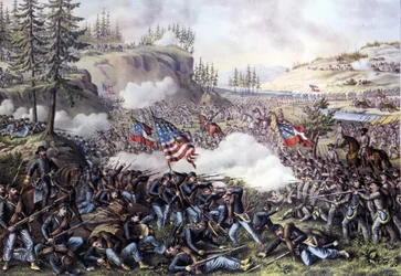 Amerikansk borgerkrig (1861 - 1865): Slaget ved Chickamauga (Georgien) 18.-20. september 1863. Indgravering af det 19. århundrede.