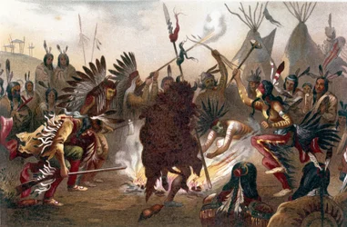 American Indian Ritual (Southern Dakota Plains Indians): Sioux War Dance. kromolitografi fra ""The human race"" af Ratzel, cirka 1890