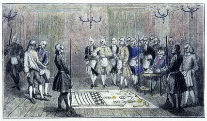 En lærlingeloge i Paris, omkring 1740: denne scene viser modtagelsen af en “lærlinge”-frimurer (på gulvet ses maleriet af lærlingelogen) - efter et stik fra tiden.