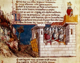 En hær (fra kongen af Pamplona?) tager tilflugt i et slot og bestiger miniature levis-broen fra "" Entrree of Spain"". Venedig fra det 14. århundrede, Biblioteca Marciana.