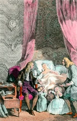 En observatørlæge En kvinde, der er syg eller allerede død, er omgivet af sin familie og lægen. Børnene er i tårer. Stik omkring 1780. Paris, Medicineakademiet