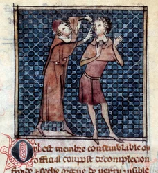 Anatomisk figur: læge, der undersøger øjet på en patient. Miniature fra manuskriptet "" Surgery" (Folio 17v) skrevet af Henri de Mondeville (kirurg hos Philippe Le Bel professor i anatomi)