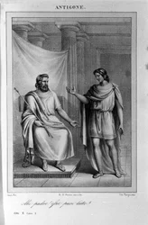 Antigone Akt II, scene 1. Italiensk tragedie af Vittorio Alfieri skrevet i 1783 efter græsk mytologi. Stik af det 18. århundrede.