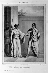 Antigone Act I, scene 3. Italiensk tragedie af Vittorio Alfieri skrevet i 1783 efter græsk mytologi. Indgravering af det 18. århundrede.
