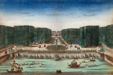 Aquae Lapsus i Hortis Versalicis - Optisk visning, der repræsenterer vandfaldene i Versailles i det 18. århundrede - Illustration omkring 1760