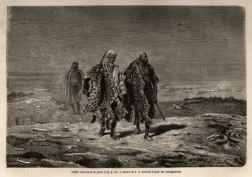 Arabiske beduiner, panterskind og fåreuldshandlere på vej til Bagdads march (Irak). Indgravering til illustration af turen til Babylon i 1866 af Guillaume Lejean i "Le tour du monde, nouveau journal des voyages"" udgivet under dire