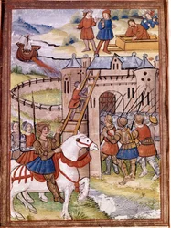 Overfald på et slot. Afsnit af 100 års krigen. 1500-tallets manuskript. Victoria and Albert Library, London.