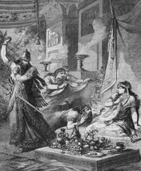 Assuerus 1er (Xerxes 1er) opdager Aman (Haman) ved Esters fødder.