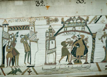 Astrologer rapporterer, at kometen (Halley) dukkede op, hvilket presser af ulykke for Harold, knapt kronet konge af England. Detalje af Bayeux-tapetet eller Broderi af Dronning Mathilde