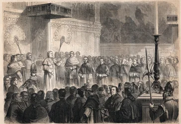 Audiens holdt af pave Pius IX (Pio) (1792-1878) til udenlandske gejstlige i Det Sixtinske Kapel (cappella sistina) i Rom i anledning af fejringen af kanoniseringen af de 26 "martyrer af Japan", en gruppe katolikker korsfæstet i Japan i 1597