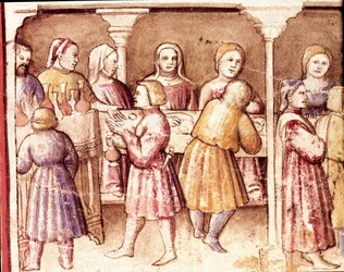 Banketscene i et rigt palæ i Padua Miniature fra codex 212 (eller Padovano Codice eller Bible of Padua) 1390-1400 Rovigo, Accademia dei Concordi