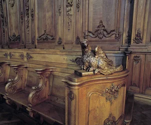 Barok arkitektur: træbod, der repræsenterer en ørn, egenskab af evangelisten Saint John. Kor (1700-tallet) af St. Stephens kirke. Indvendig udsigt. Marmoutier, Bas Rhin (67).