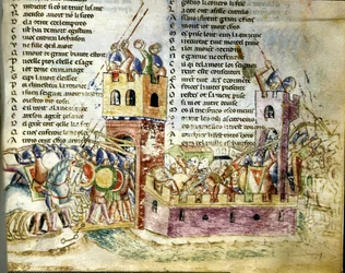 Kampscene i en befæstet borg. Miniature fra „Roman de Troie“ af Benoît de Sainte-Maure.