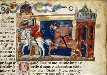 Slagscene, to riddere i rustning konfronterer hinanden Detalje af en manuskriptside "The Facts of the Romans"" (Ms. 1538) omkring 1340 Firenze, Biblioteca Riccardiana