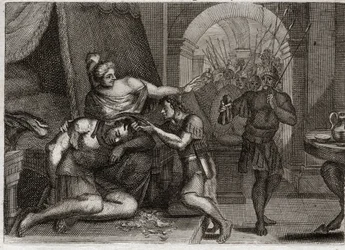 Bible of Royaumont, Det Gamle Testamente: Samsons død. Samson opdager Dalila, at hendes styrke var i hendes hår. Hun klipper hans hår og bringer filistersoldaterne ind i rummet. Illustration fra 1811.