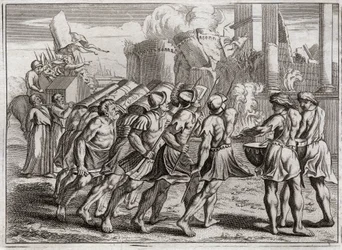 Bible of Royaumont, Gamle Testamente: Taget fra Jeriko. Jerikos mure falder til jorden til lyden af trompeterne fra de præster, der gik forud for Herrens pagtsark. Illustration fra 1811.