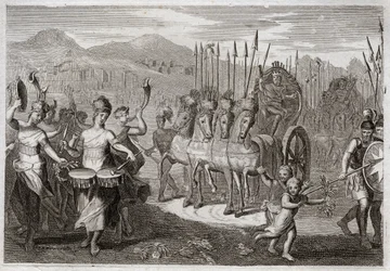 Bible of Royaumont, Gamle Testamente: Davids triumf. Efter at David havde besejret kæmpen Goliat, gik Israels kvinder foran ham for at ære hans triumf med jubel af glæde og lyden af instrumenter. Illustration fra 1811.