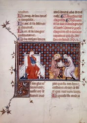 Blanche de Castille, dronning af Frankrig (1188-1252), leder uddannelsen af sin søn Louis IX (1214-1270) (Saint Louis Miniature fra et manuskript "Life and Miracles of Saint Louis" af William af Saint Pathus. 1320. Paris , B.N.