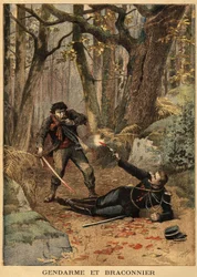 Blodig kamp mellem en krybskytte og en politimand i nærheden af Bezier. Indgravering i "" Le petit journal"" 10/03/1895. Selvas samling.